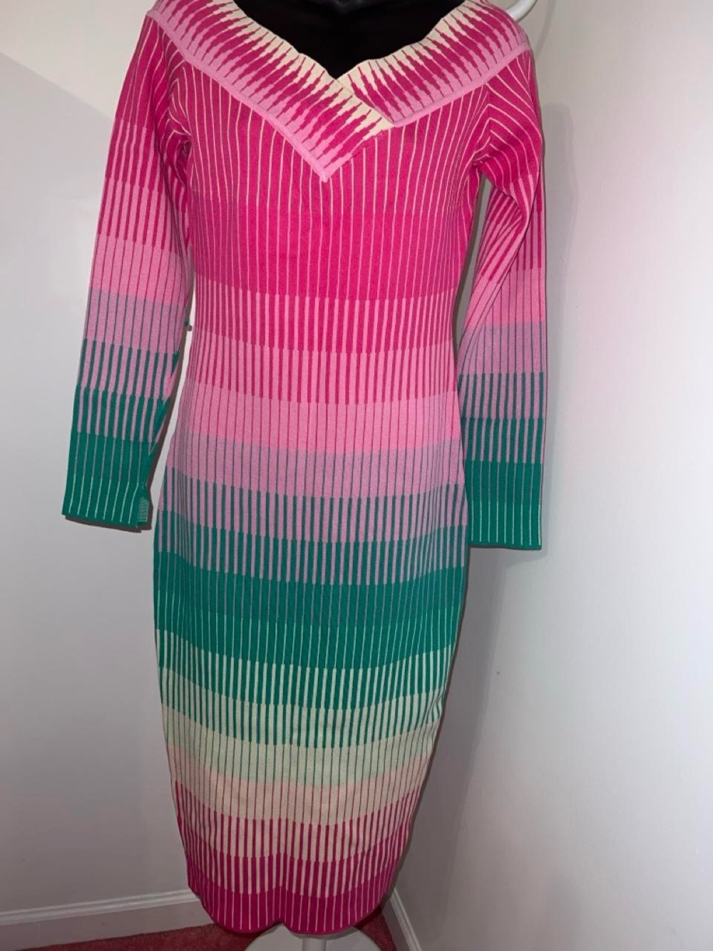 Brand new Fashion Nova Striped Pink and Green V-Neck Long Sleeve Knit Dress
